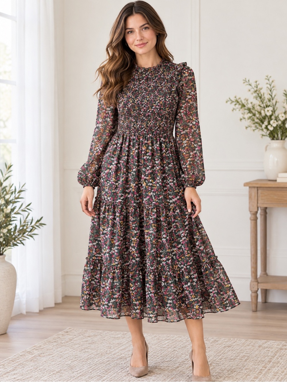 Dark Ditsy Floral Smocked Midi Dress Sheer Chiffon Tiered Ruffle Romantic XL
